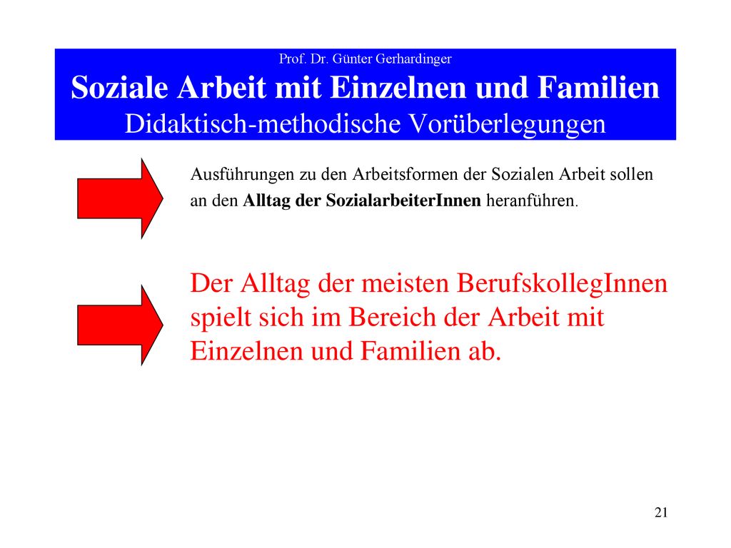 Prof. Dr. Günter Gerhardinger Soziale Arbeit mit Einzelnen und Familien Didaktisch-methodische Vorüberlegungen