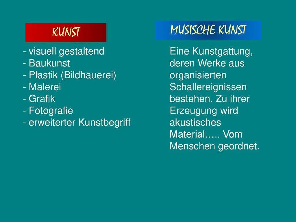 MUSISCHE KUNST KUNST. - visuell gestaltend - Baukunst - Plastik (Bildhauerei) - Malerei - Grafik - Fotografie - erweiterter Kunstbegriff.