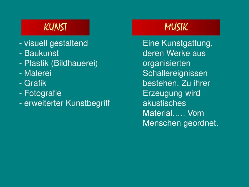 KUNST MUSIK. - visuell gestaltend - Baukunst - Plastik (Bildhauerei) - Malerei - Grafik - Fotografie - erweiterter Kunstbegriff.