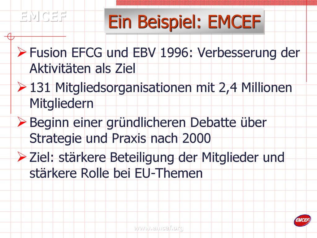Ein Beispiel: EMCEF Fusion EFCG und EBV 1996: Verbesserung der Aktivitäten als Ziel. 131 Mitgliedsorganisationen mit 2,4 Millionen Mitgliedern.