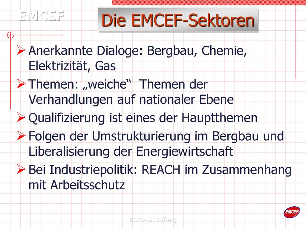 Die EMCEF-Sektoren Anerkannte Dialoge: Bergbau, Chemie, Elektrizität, Gas. Themen: „weiche Themen der Verhandlungen auf nationaler Ebene.