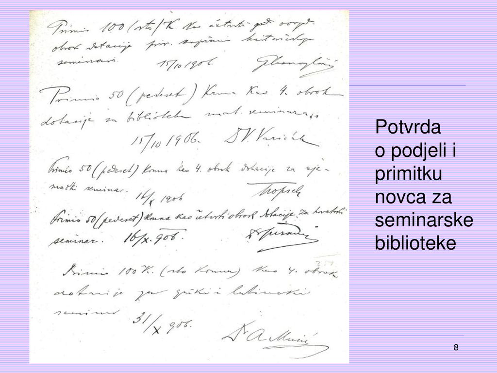 Potvrda o podjeli i primitku novca za seminarske biblioteke 8