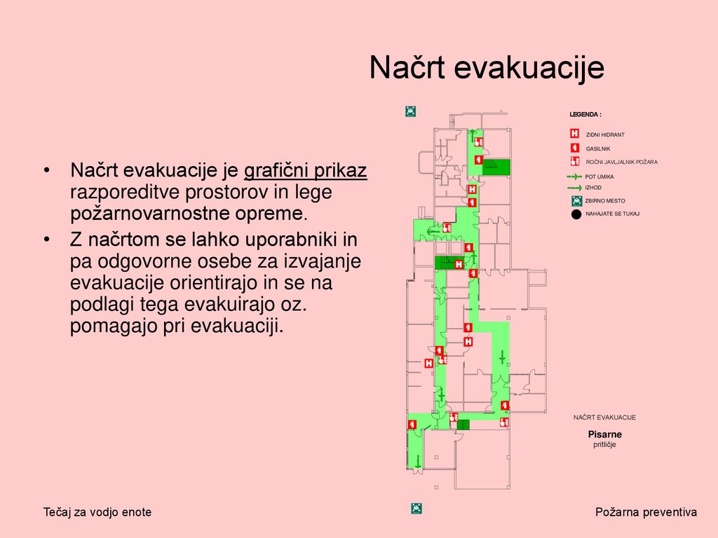 Načrt evakuacije Načrt evakuacije je grafični prikaz razporeditve prostorov in lege požarnovarnostne opreme.