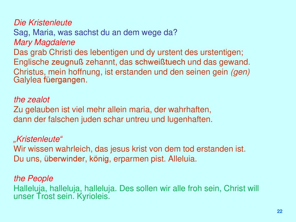 Die Kristenleute Sag, Maria, was sachst du an dem wege da Mary Magdalene. Das grab Christi des lebentigen und dy urstent des urstentigen;
