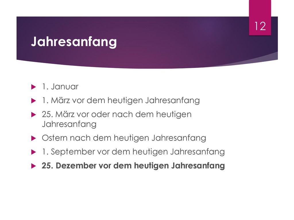 Jahresanfang 1. Januar 1. März vor dem heutigen Jahresanfang