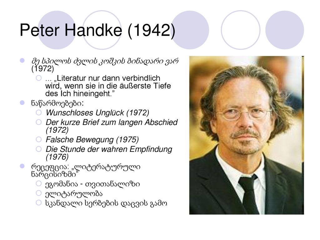 Peter Handke (1942) მე სპილოს ძვლის კოშკის ბინადარი ვარ (1972)
