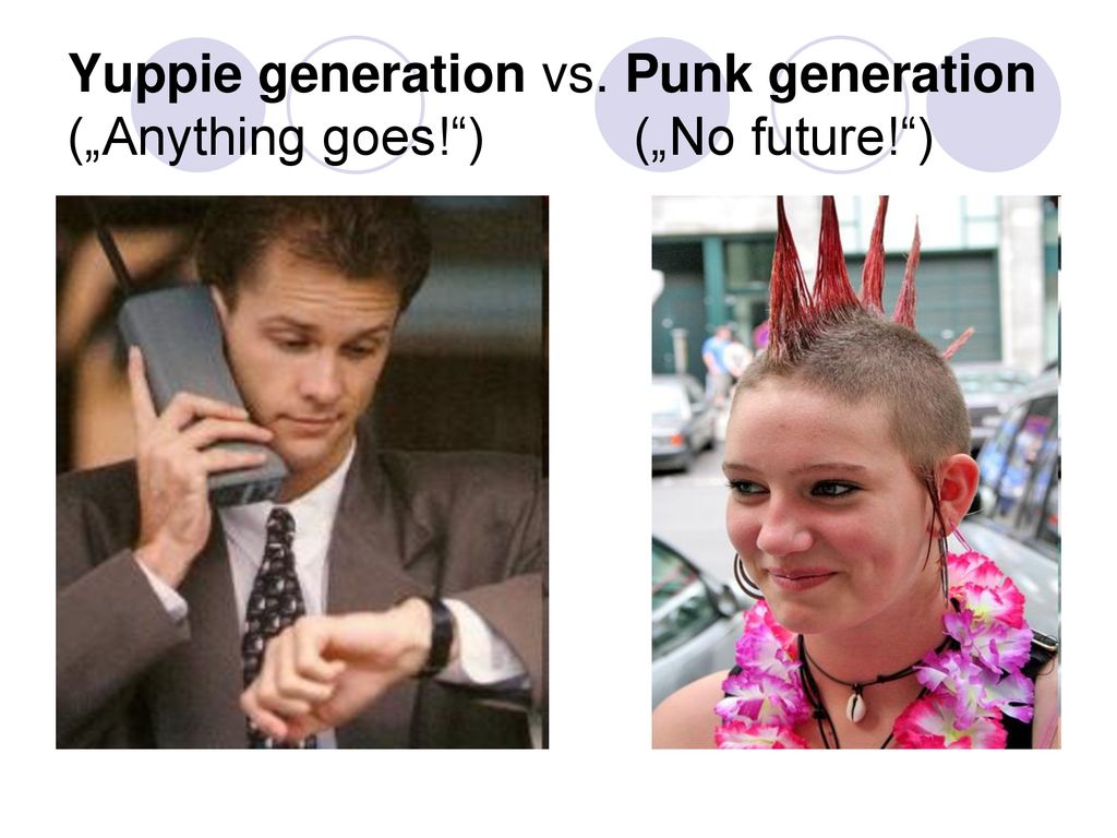 Yuppie generation vs. Punk generation („Anything goes. ) („No future