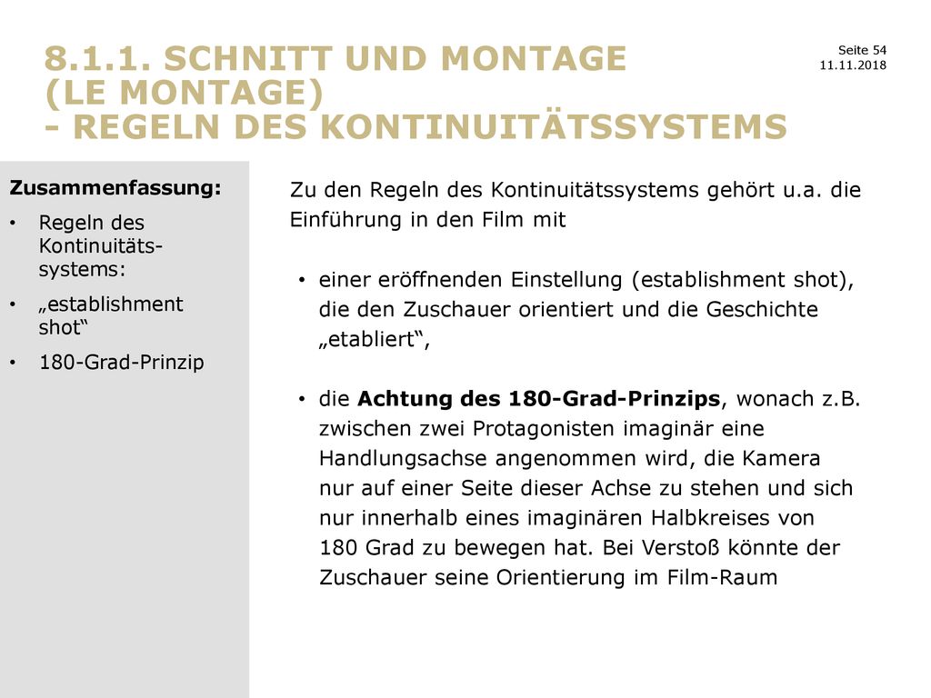 Schnitt und Montage (le montage) - Regeln des Kontinuitätssystems
