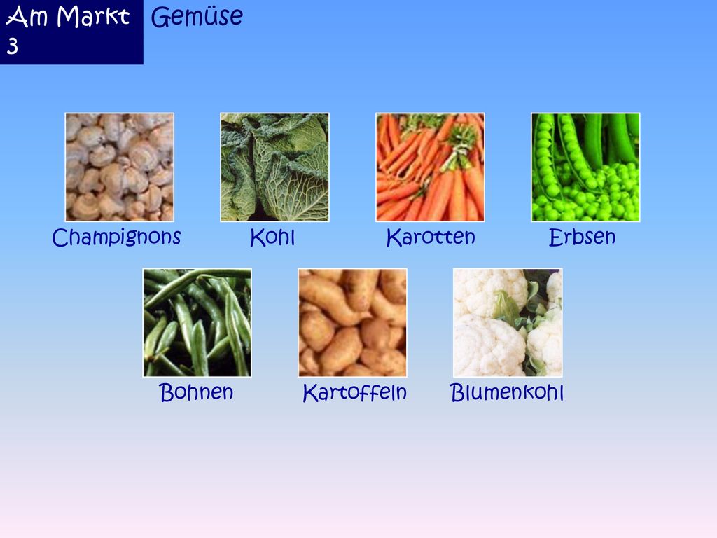 Am Markt 3 Gemüse Champignons Kohl Karotten Erbsen Bohnen Kartoffeln