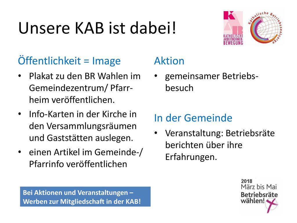Unsere KAB ist dabei! Öffentlichkeit = Image Aktion In der Gemeinde