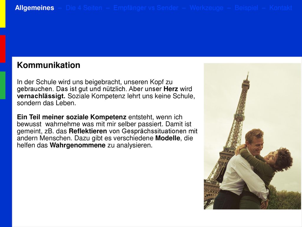 Allgemeines – Die 4 Seiten – Empfänger vs Sender – Werkzeuge – Beispiel – Kontakt