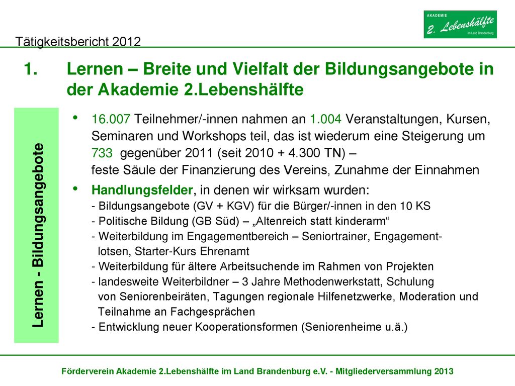 Lernen – Breite und Vielfalt der Bildungsangebote in der Akademie 2