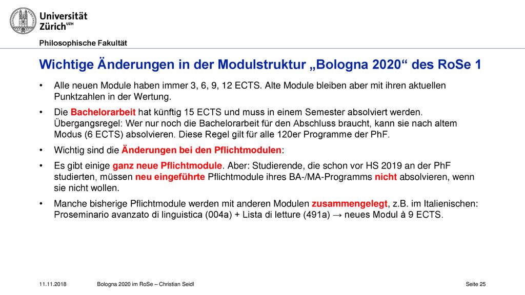 Wichtige Änderungen in der Modulstruktur „Bologna 2020 des RoSe 1