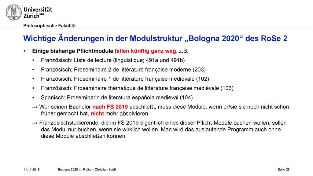 Wichtige Änderungen in der Modulstruktur „Bologna 2020 des RoSe 2