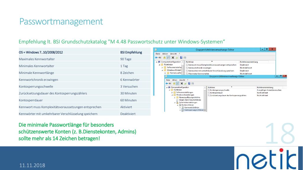 Passwortmanagement Empfehlung lt. BSI Grundschutzkatalog M 4.48 Passwortschutz unter Windows-Systemen