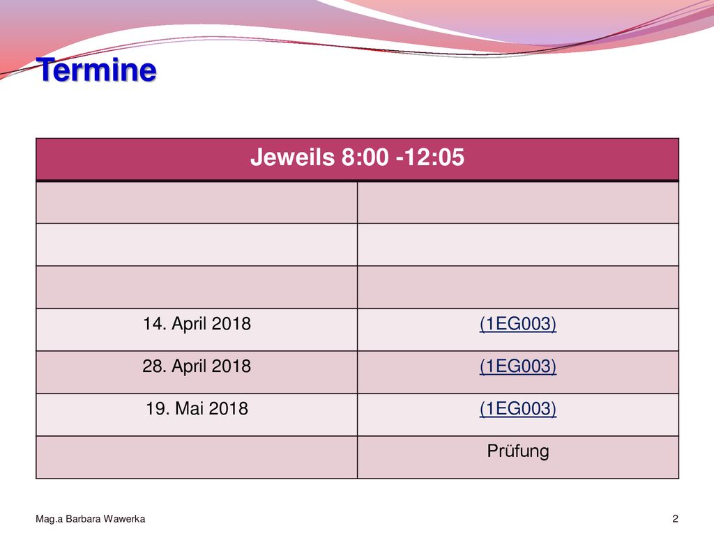 Termine Jeweils 8:00 -12: April 2018 (1EG003) 28. April 2018
