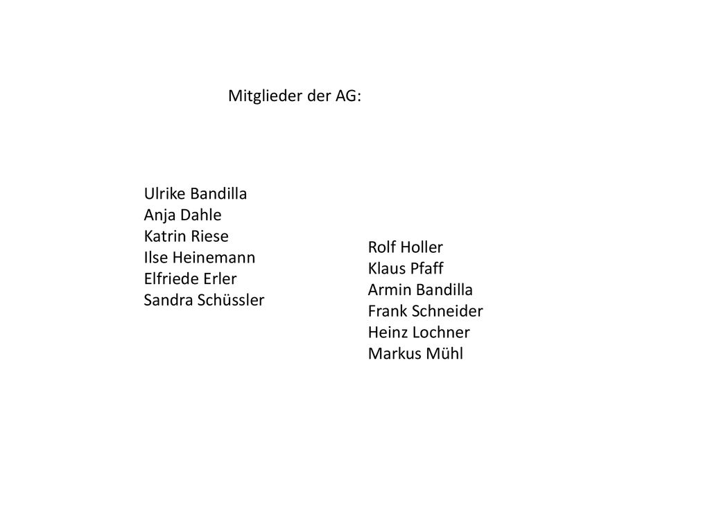 Mitglieder der AG: Ulrike Bandilla. Anja Dahle. Katrin Riese. Ilse Heinemann. Elfriede Erler. Sandra Schüssler.