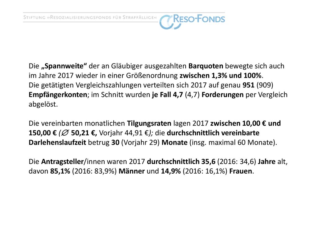 Die „Spannweite der an Gläubiger ausgezahlten Barquoten bewegte sich auch im Jahre 2017 wieder in einer Größenordnung zwischen 1,3% und 100%.