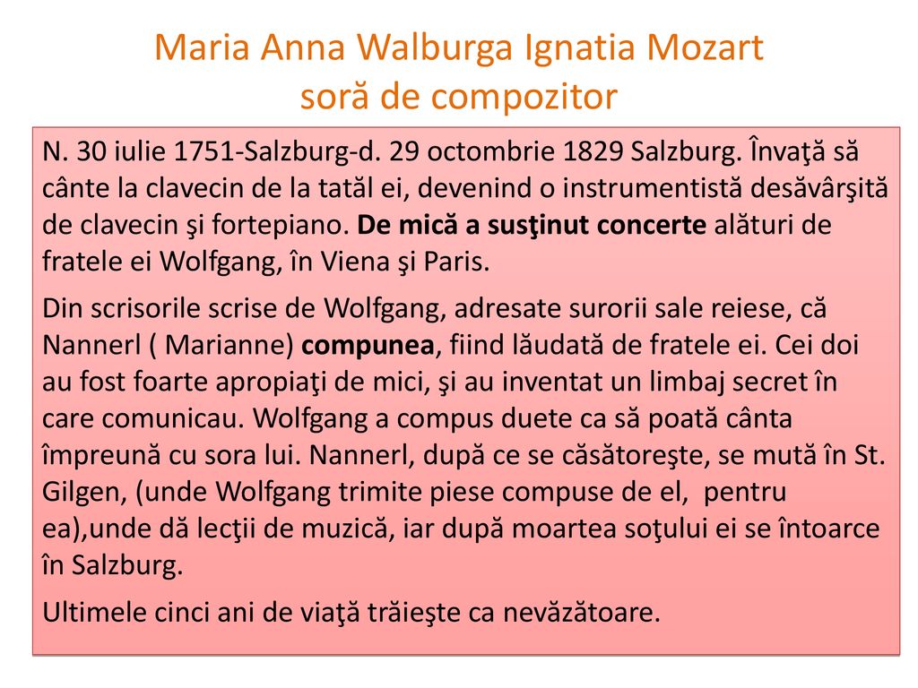 Maria Anna Walburga Ignatia Mozart soră de compozitor
