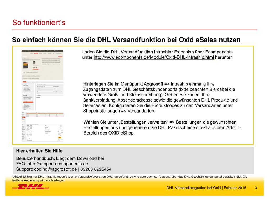 So funktioniert‘s So einfach können Sie die DHL Versandfunktion bei Oxid eSales nutzen.