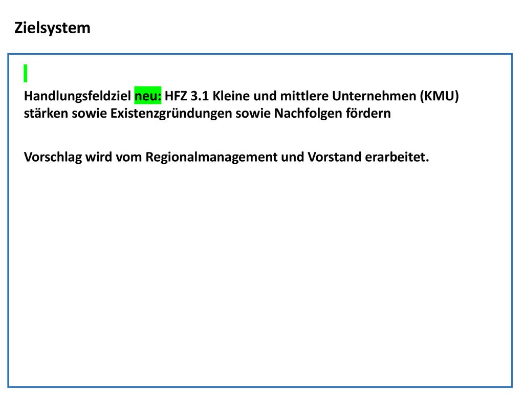 Zielsystem Handlungsfeldziel neu: HFZ 3.1 Kleine und mittlere Unternehmen (KMU) stärken sowie Existenzgründungen sowie Nachfolgen fördern.