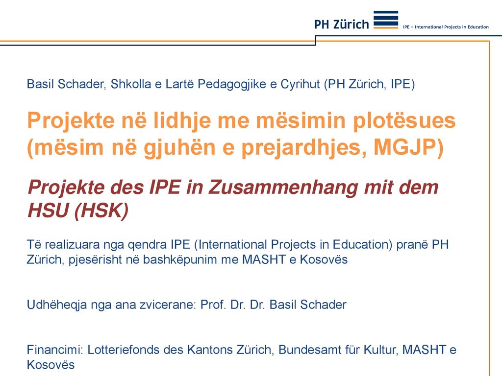 Basil Schader, Shkolla e Lartë Pedagogjike e Cyrihut (PH Zürich, IPE)
