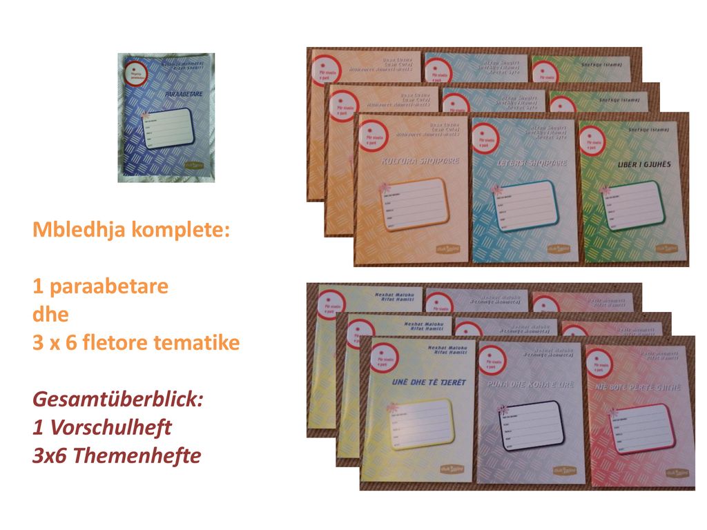 Mbledhja komplete: 1 paraabetare dhe 3 x 6 fletore tematike Gesamtüberblick: 1 Vorschulheft 3x6 Themenhefte