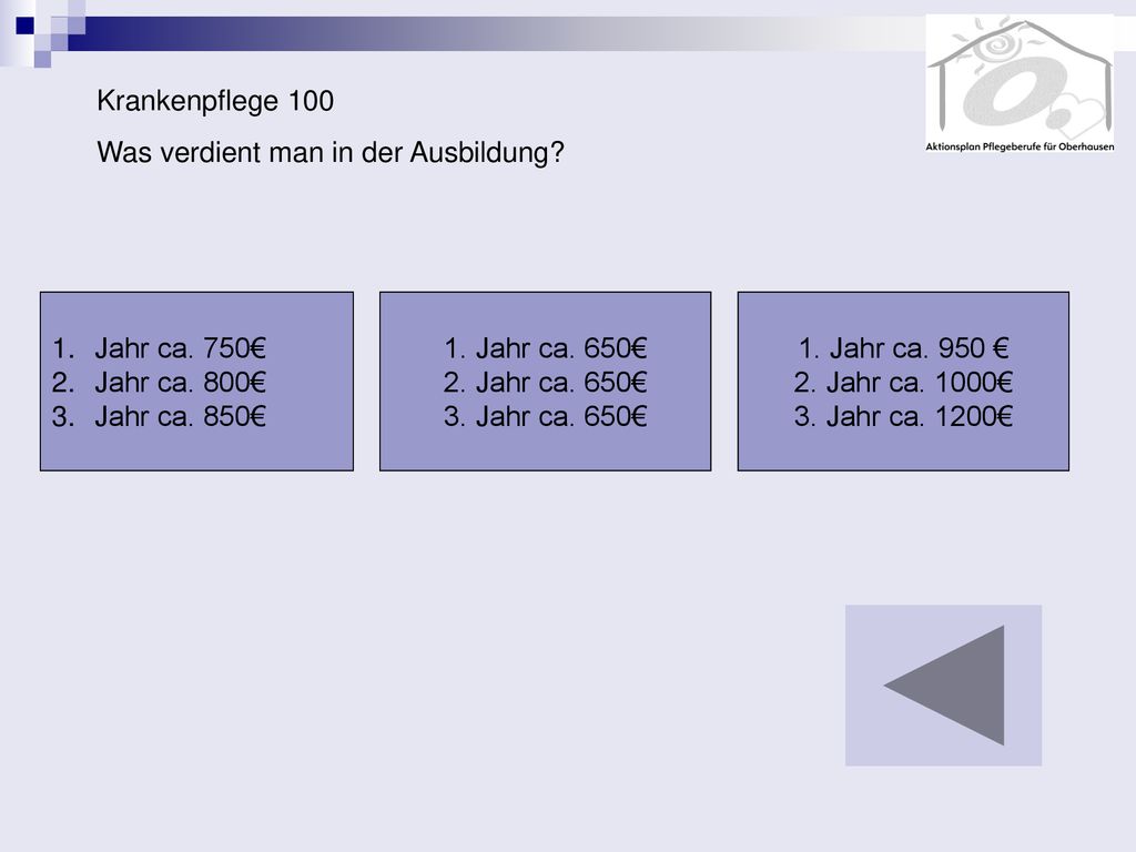 Krankenpflege 100 Was verdient man in der Ausbildung Jahr ca. 750€ Jahr ca. 800€ Jahr ca. 850€ 1. Jahr ca. 650€