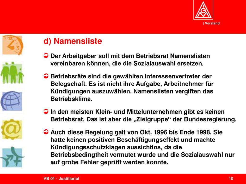d) Namensliste Der Arbeitgeber soll mit dem Betriebsrat Namenslisten vereinbaren können, die die Sozialauswahl ersetzen.