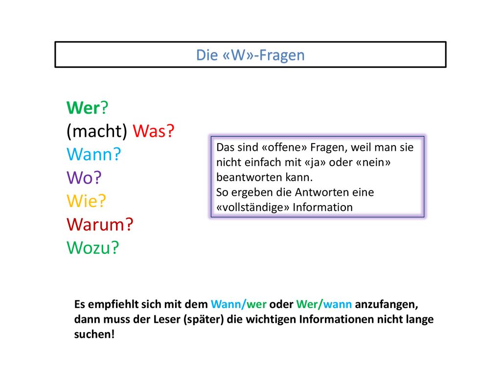 Wer (macht) Was Wann Wo Wie Warum Wozu Die «W»-Fragen