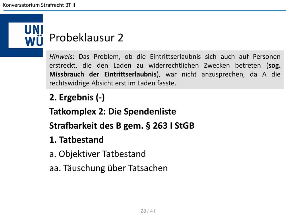 Probeklausur 2 2. Ergebnis (-) Tatkomplex 2: Die Spendenliste