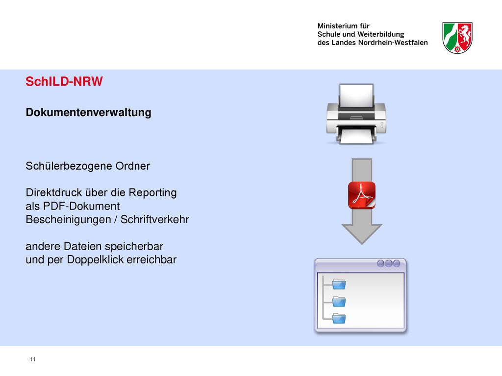 SchILD-NRW Dokumentenverwaltung Schülerbezogene Ordner Direktdruck über die Reporting als PDF-Dokument Bescheinigungen / Schriftverkehr andere Dateien speicherbar und per Doppelklick erreichbar