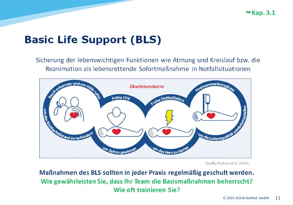 Überlebenskette („chain of survival ): BLS-Maßnahmen, die zwischen einem plötzlichen Kreislaufstillstand und dem Überleben liegen