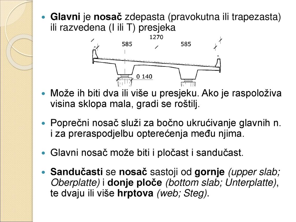 Glavni je nosač zdepasta (pravokutna ili trapezasta) ili razvedena (I ili T) presjeka