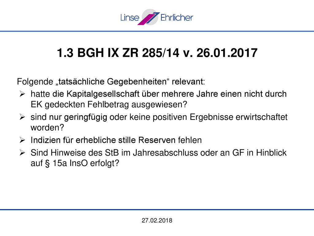 1.3 BGH IX ZR 285/14 v Folgende „tatsächliche Gegebenheiten relevant: