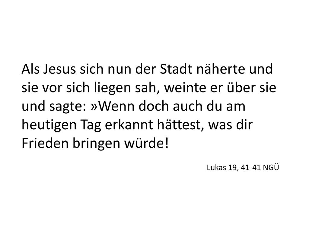 Als Jesus sich nun der Stadt näherte und sie vor sich liegen sah, weinte er über sie und sagte: »Wenn doch auch du am heutigen Tag erkannt hättest, was dir Frieden bringen würde.