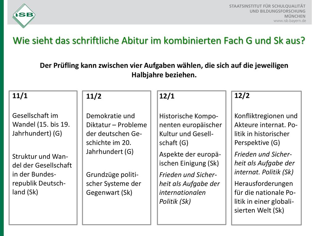 Wie sieht das schriftliche Abitur im kombinierten Fach G und Sk aus