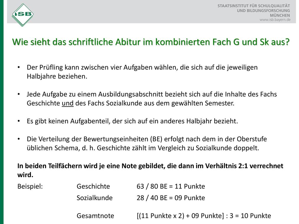 Wie sieht das schriftliche Abitur im kombinierten Fach G und Sk aus