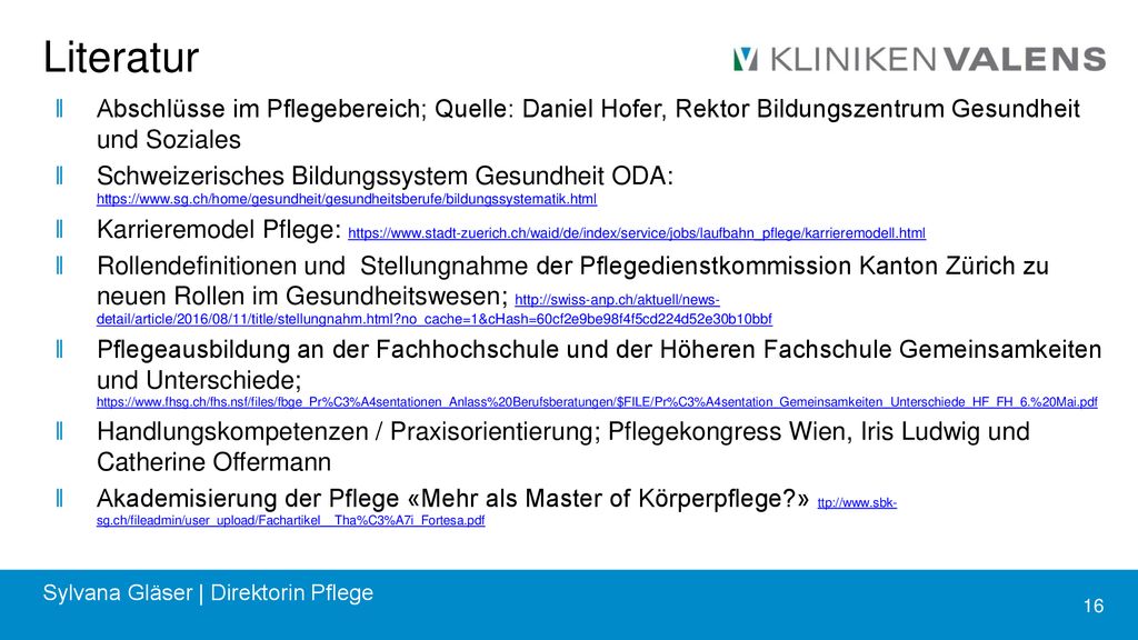 Literatur Abschlüsse im Pflegebereich; Quelle: Daniel Hofer, Rektor Bildungszentrum Gesundheit und Soziales.