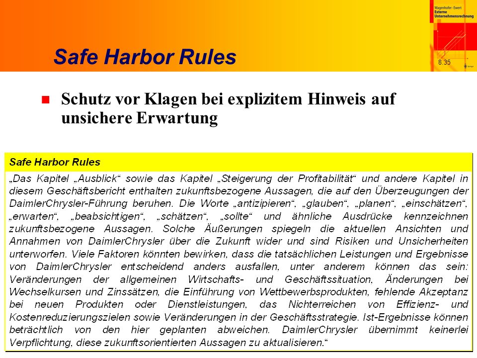 Safe Harbor Rules Schutz vor Klagen bei explizitem Hinweis auf unsichere Erwartung