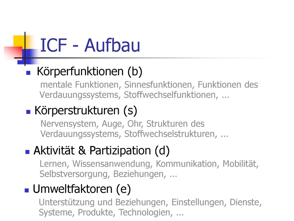 ICF - Aufbau Körperfunktionen (b) mentale Funktionen, Sinnesfunktionen, Funktionen des Verdauungssystems, Stoffwechselfunktionen, ...