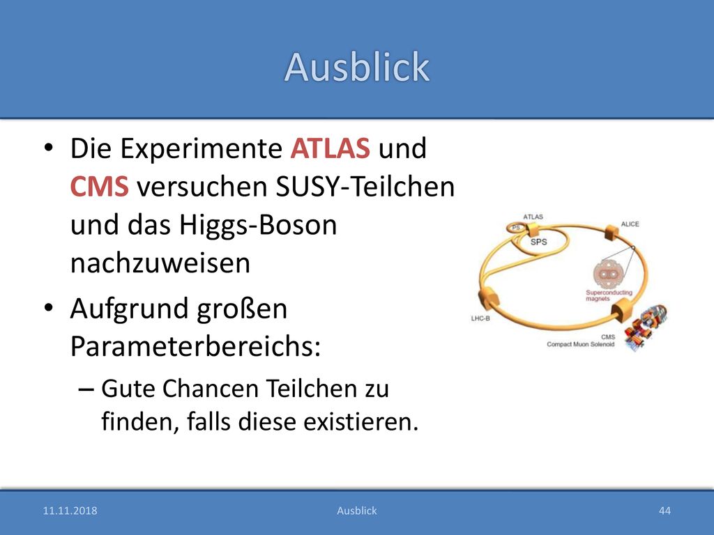 Ausblick Die Experimente ATLAS und CMS versuchen SUSY-Teilchen und das Higgs-Boson nachzuweisen. Aufgrund großen Parameterbereichs: