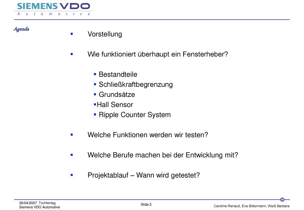 Agenda Vorstellung. Wie funktioniert überhaupt ein Fensterheber Bestandteile. Schließkraftbegrenzung.