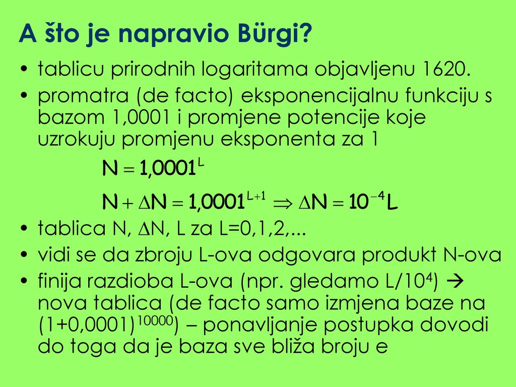 A što je napravio Bürgi tablicu prirodnih logaritama objavljenu 1620.