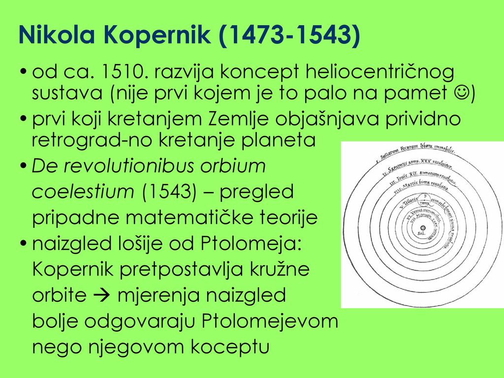 Nikola Kopernik ( ) od ca razvija koncept heliocentričnog sustava (nije prvi kojem je to palo na pamet )