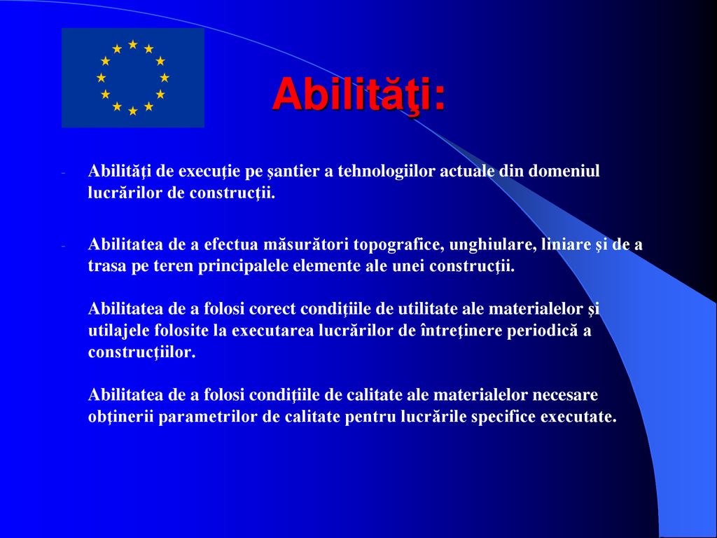 Abilităţi: Abilităţi de execuţie pe şantier a tehnologiilor actuale din domeniul lucrărilor de construcţii.