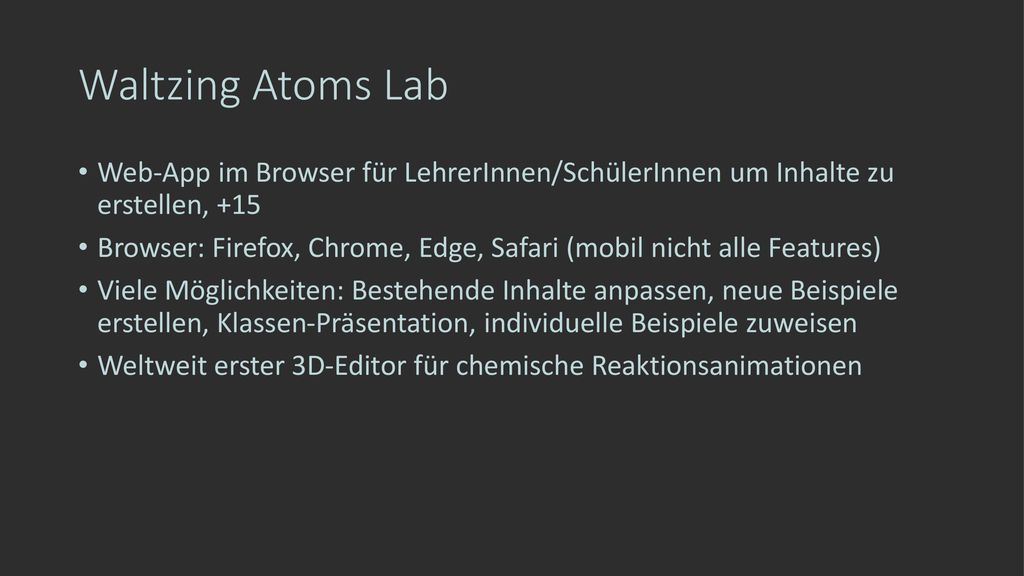Waltzing Atoms Lab Web-App im Browser für LehrerInnen/SchülerInnen um Inhalte zu erstellen, +15.