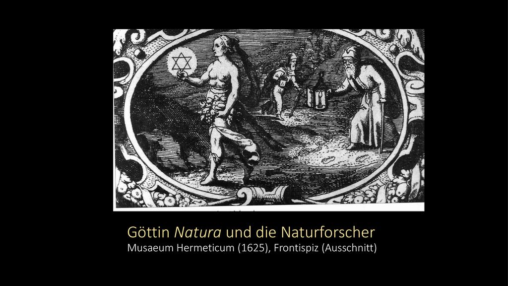 Göttin Natura und die Naturforscher Musaeum Hermeticum (1625), Frontispiz (Ausschnitt)