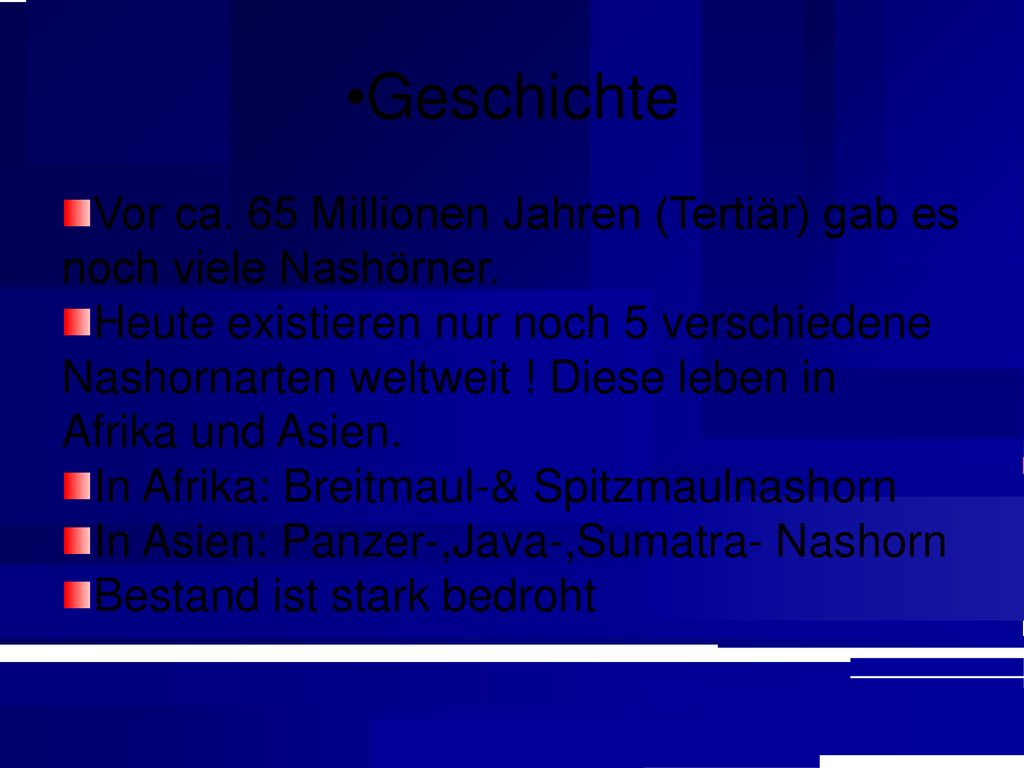 Geschichte Vor ca. 65 Millionen Jahren (Tertiär) gab es noch viele Nashörner.