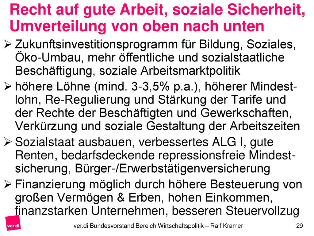 Recht auf gute Arbeit, soziale Sicherheit, Umverteilung von oben nach unten